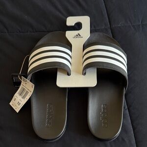Adidas Black Slides with White Stripes